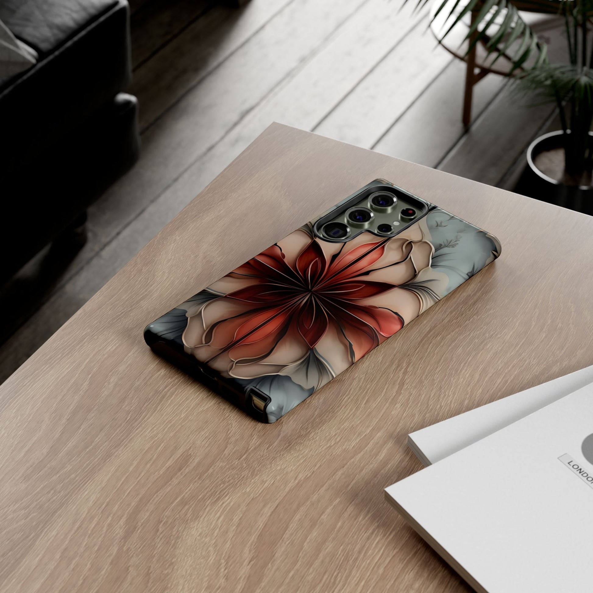 Ember Bloom red flower Samsung Galaxy phone case lifestyle desk scene