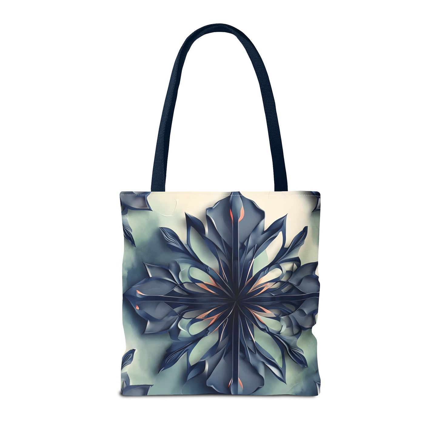 Frosted Indigo Bloom Tote Bag (16x16 & 18x18)- Navy Blue Floral Burst on Cream Canvas with Navy Handle, Reusable & Stylish