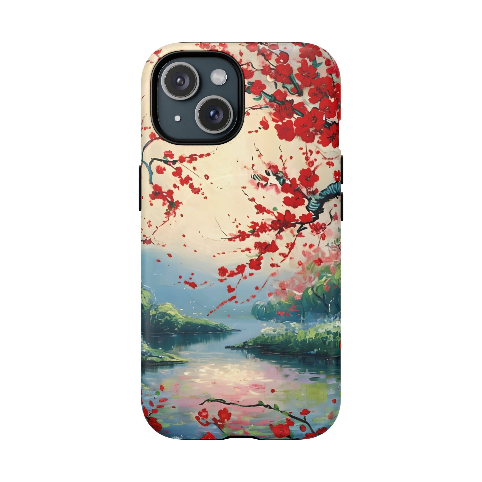 Crimson Blossom Lake - Artistic Floral Landscape iPhone 15 MagSafe Phone Case - Red Cherry Blossoms & Serene Lake Design