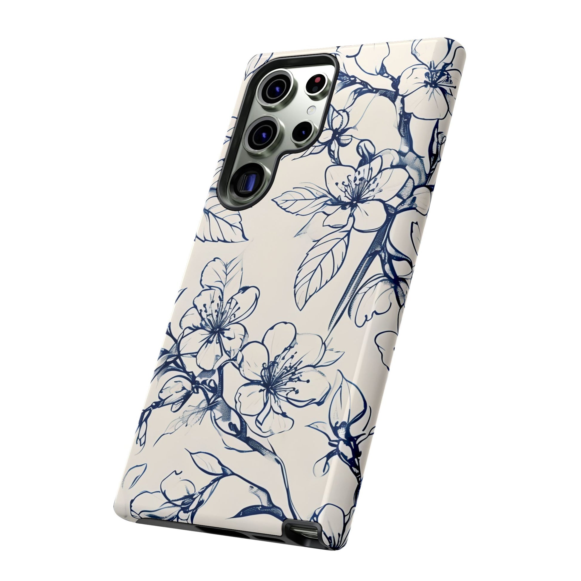 Blossom Sketch - Artistic Blue Floral Samsung Galaxy S23 Ultra Tough Phone Case - Hand-Drawn Botanical Design