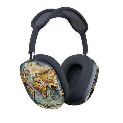 Celestial Map AirPods Max cover set on Apple headphones, whimsical vintage world map and galaxy design for Apple AirPods Max, angled side view