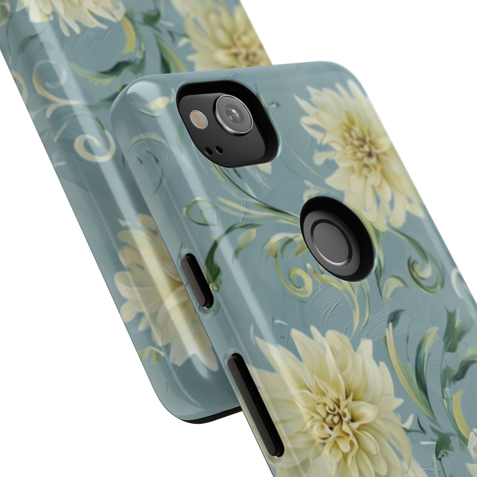 Golden Dahlia Trio - Elegant Floral Google Pixel 2 Tough Phone Case - Artistic White & Blue Dahlia Design