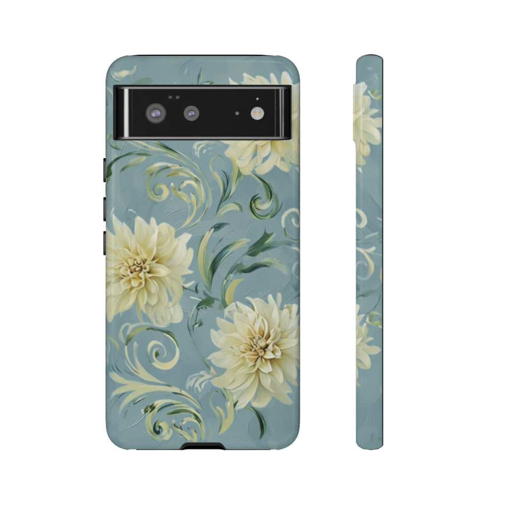 Golden Dahlia Trio - Elegant Floral Google Pixel 6 Tough Phone Case - Artistic White & Blue Dahlia Design