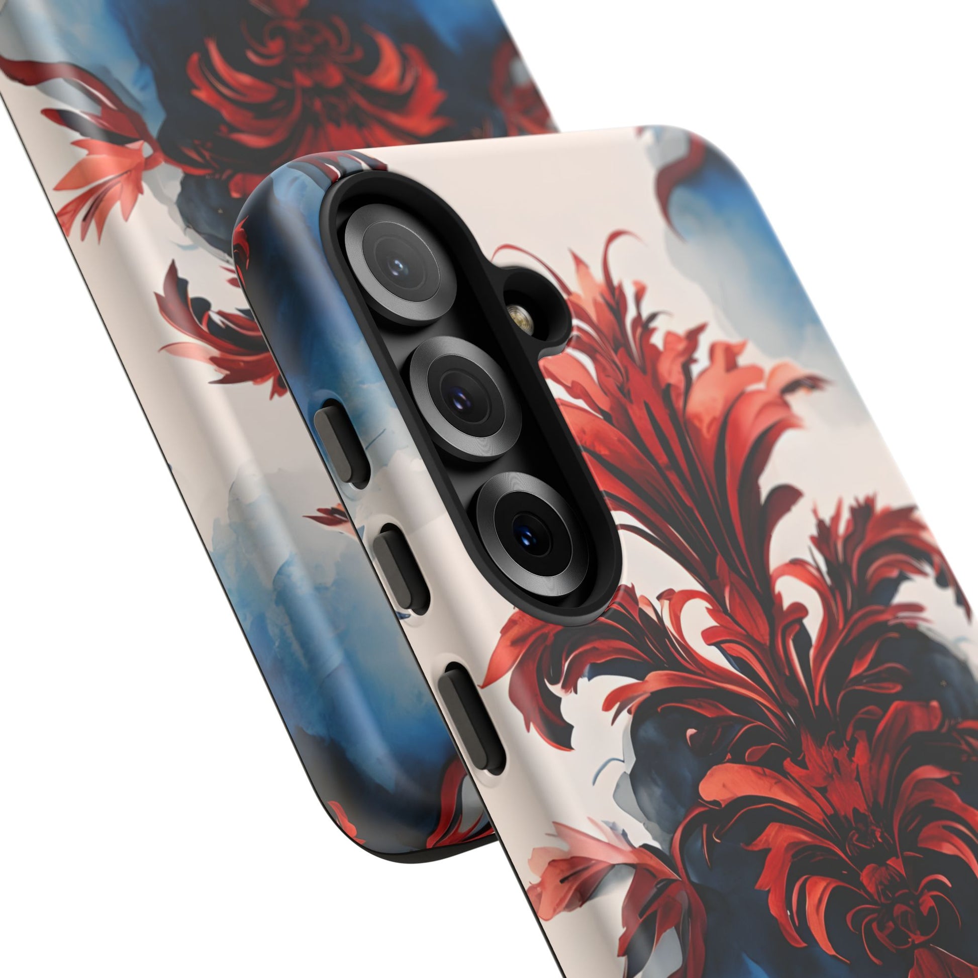 Crimson Plume - Bold Artistic Feather Samsung Galaxy S25 Plus Tough Phone Case - Dramatic Red & Blue Design