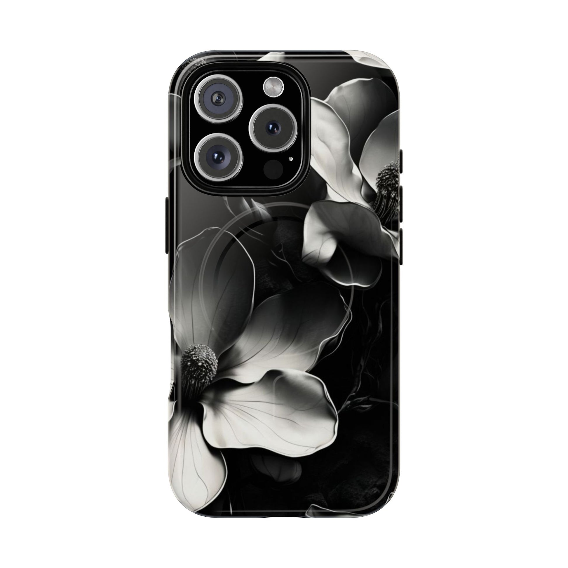 Monochrome Magnolia - Elegant Black & White Floral iPhone 16 Pro MagSafe Phone Case - Artistic Magnolia Design