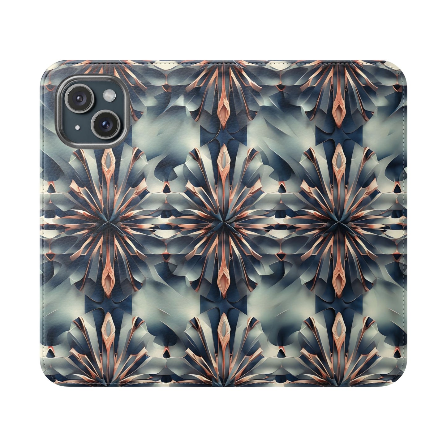 Obsidian Kaleidoscope geometric iPhone wallet flip phone case with mirrored starburst pattern