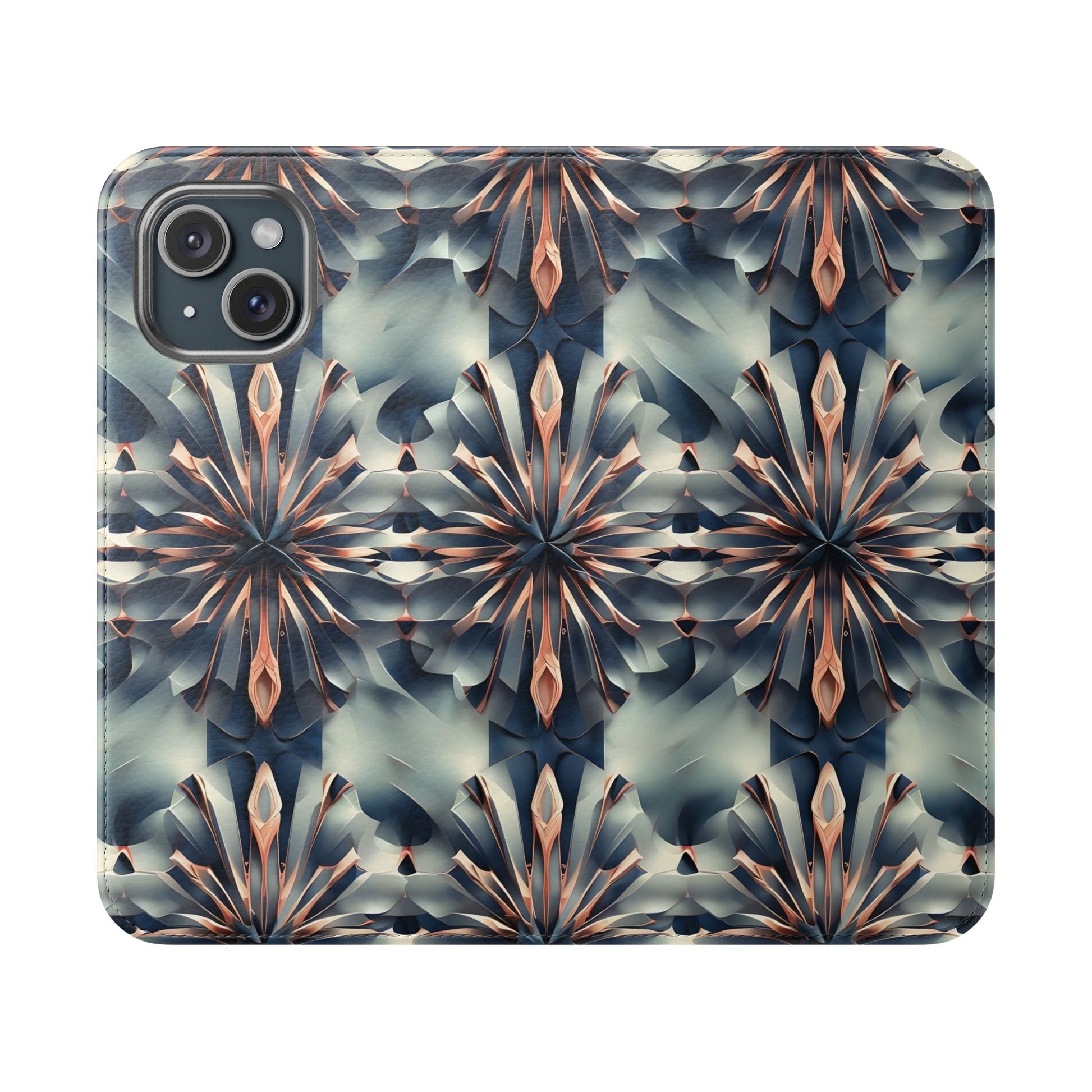 Obsidian Kaleidoscope geometric iPhone wallet flip phone case with mirrored starburst pattern