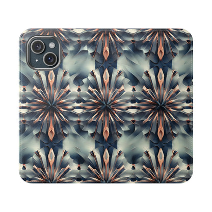 Obsidian Kaleidoscope geometric iPhone wallet flip phone case with mirrored starburst pattern