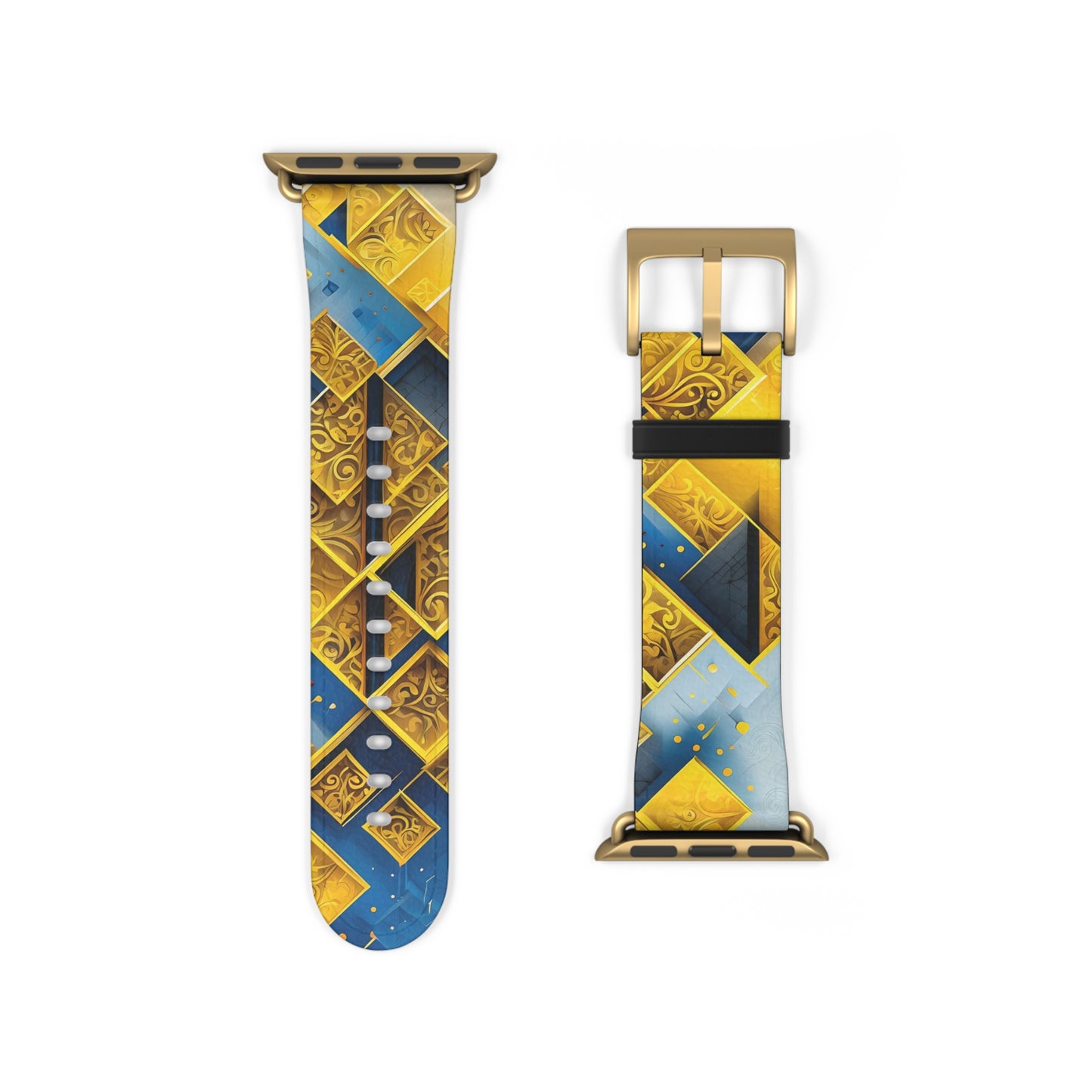 Golden Ascent Apple Watch band strap with gold clasp featuring striking gold and blue geometric mountain design