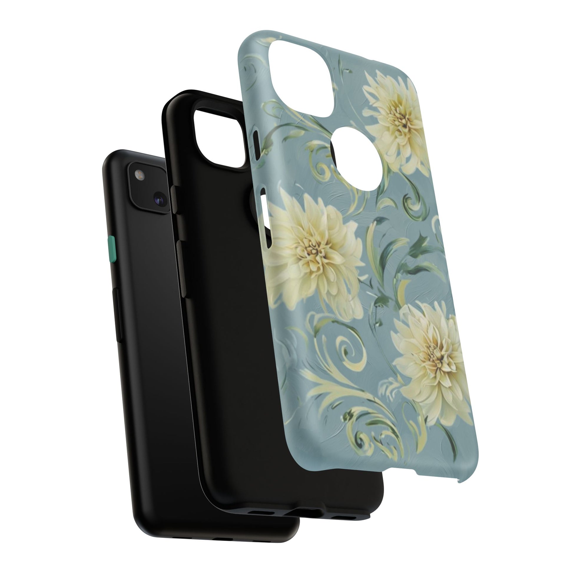 Golden Dahlia Trio - Elegant Floral Google Pixel 4a Tough Phone Case - Artistic White & Blue Dahlia Design
