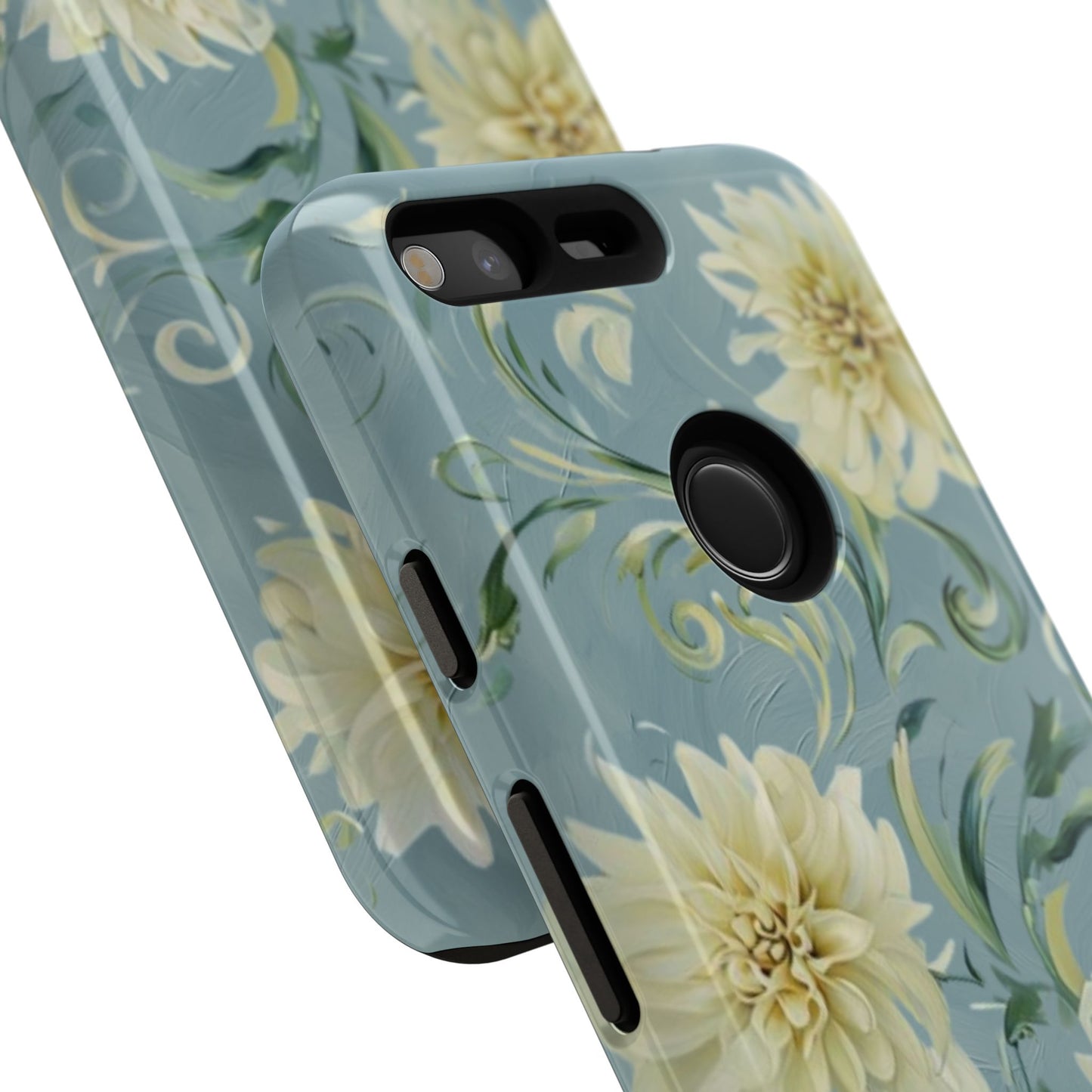 Golden Dahlia Trio - Elegant Floral Google Pixel Tough Phone Case - Artistic White & Blue Dahlia Design