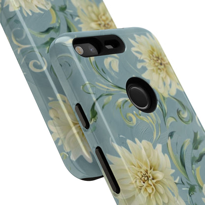 Golden Dahlia Trio - Elegant Floral Google Pixel Tough Phone Case - Artistic White & Blue Dahlia Design