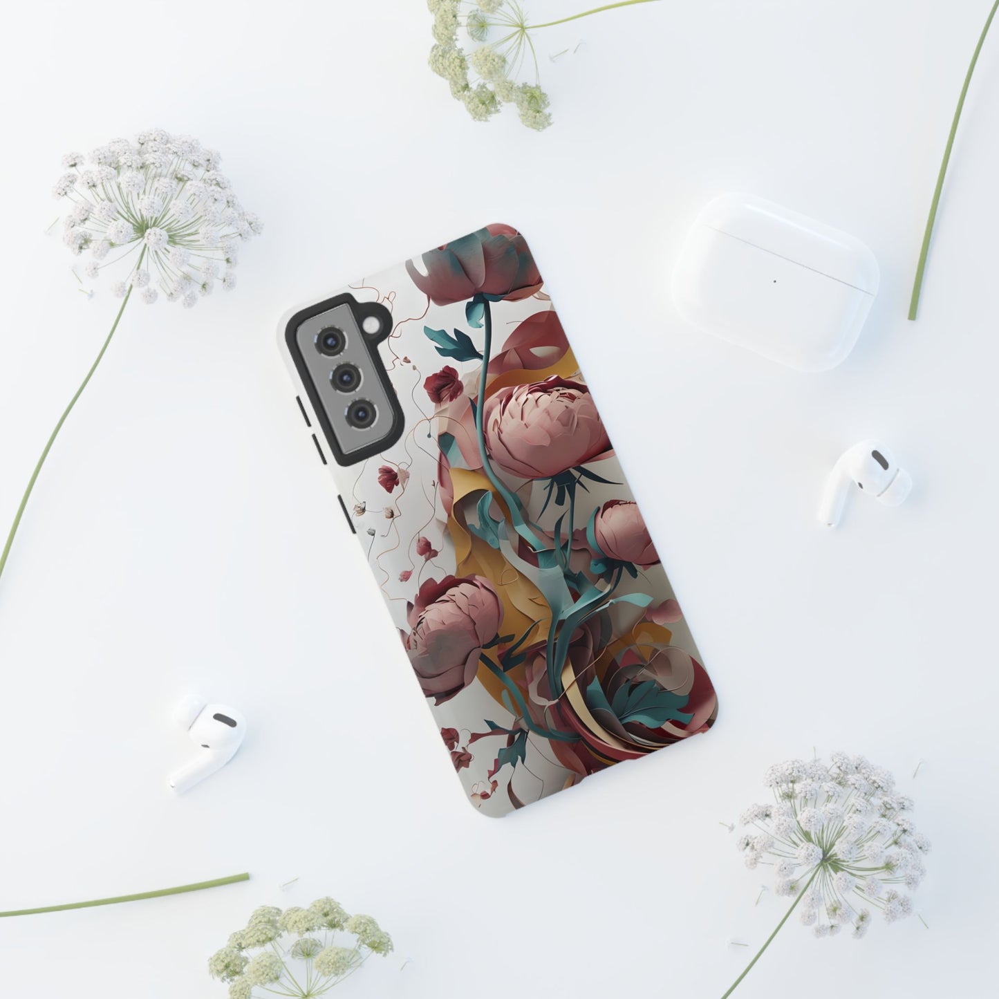 Blushing Peony Veil - Elegant Painterly Floral Samsung Galaxy Tough Phone Case - Soft Blush & Teal Peony Design