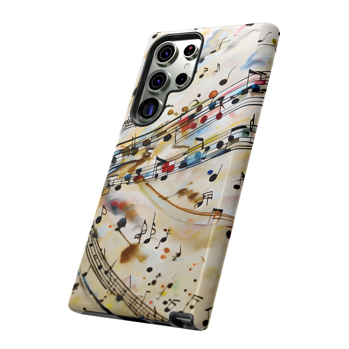 Melodic Flow musical notes and staff artwork Samsung Galaxy phone case angled view