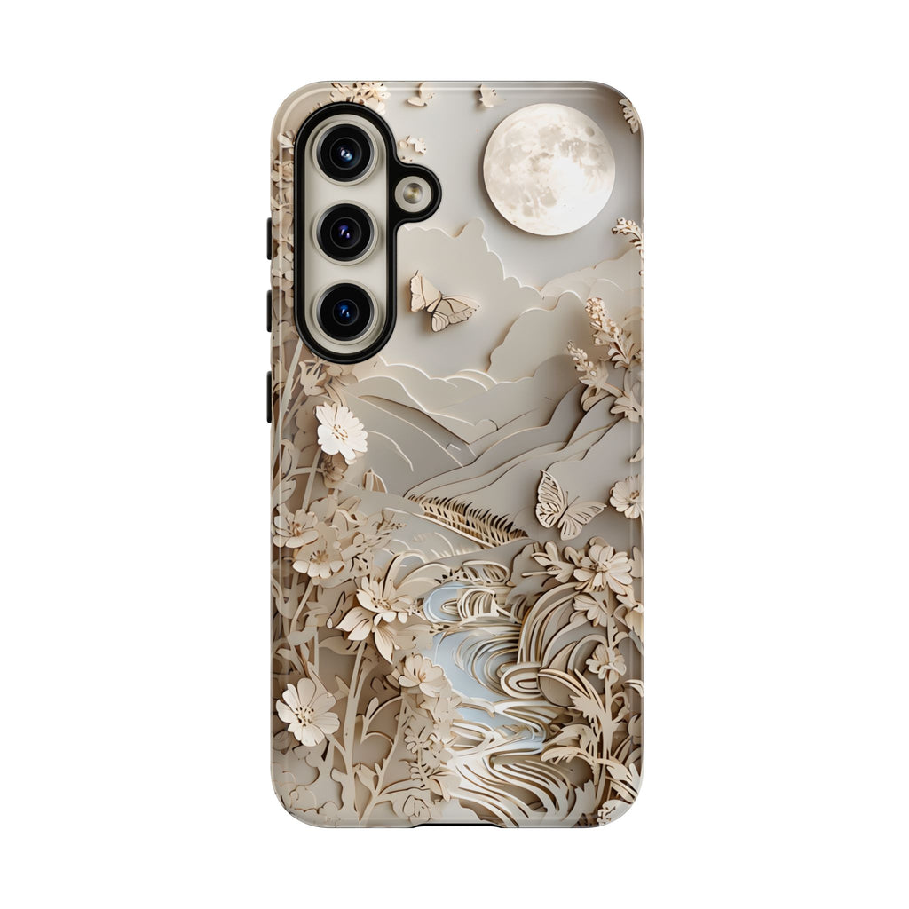 Moonlit Garden - Elegant Neutral Floral Samsung Galaxy S24 Tough Phone Case - Painterly Botanical & Moon Design