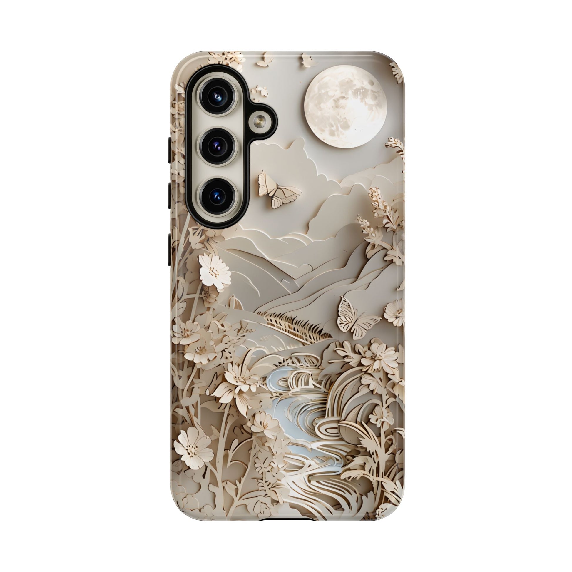 Moonlit Garden - Elegant Neutral Floral Samsung Galaxy S24 Tough Phone Case - Painterly Botanical & Moon Design