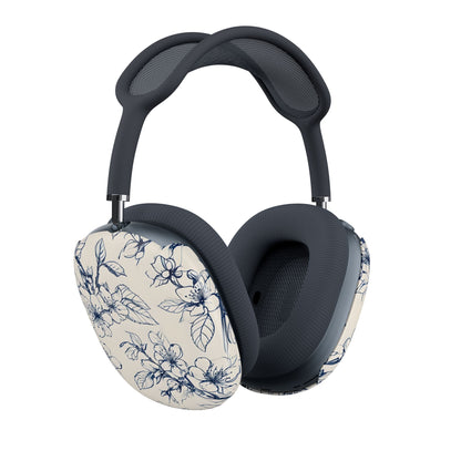 Blossom Sketch AirPods Max cover set on Apple headphones, elegant blue floral line drawing design for Apple AirPods Max, angled side view