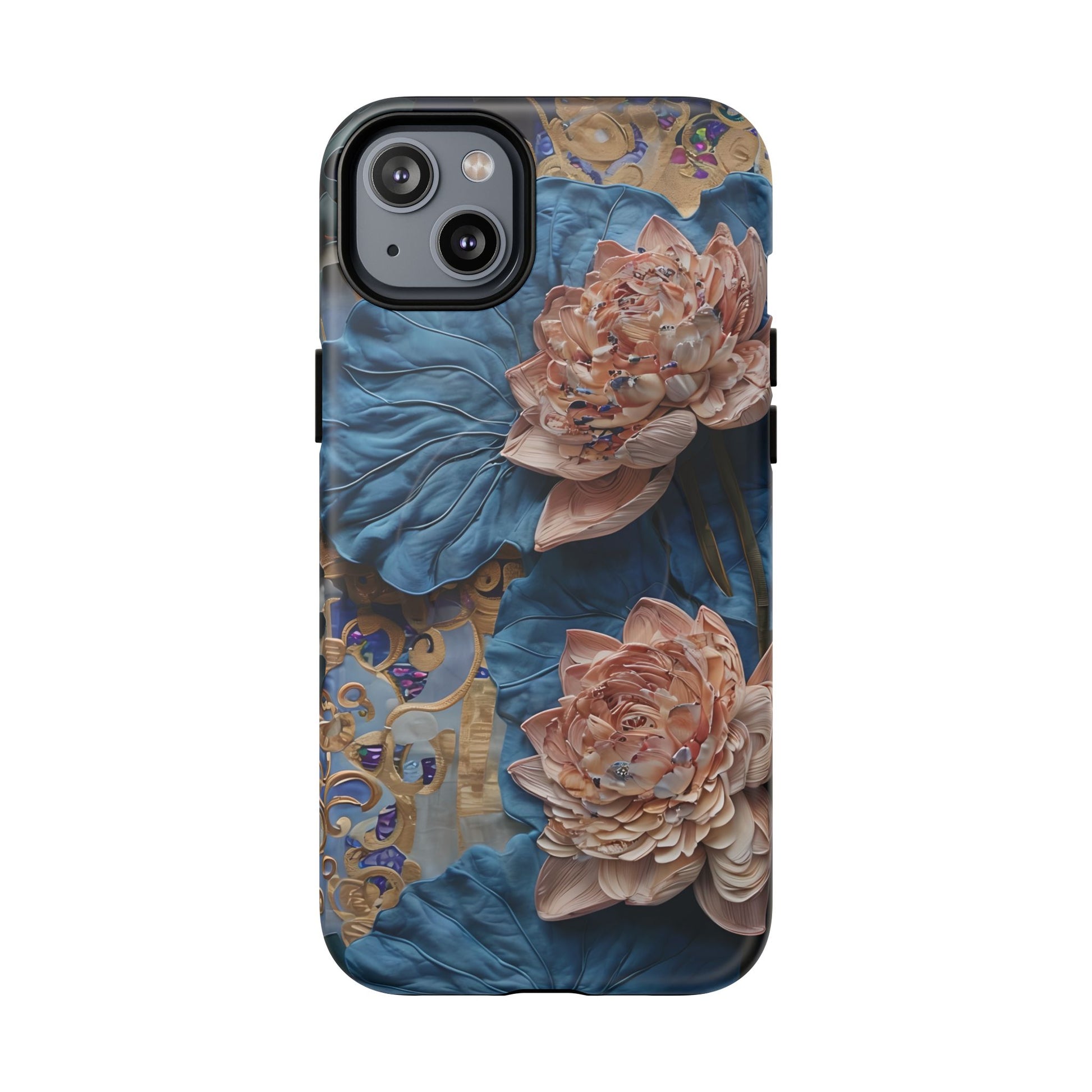 Peony Midnight Tapestry - iPhone 14 Plus - MagSafe Compatible - Elegant Blue & Blush Artful Phone Cover