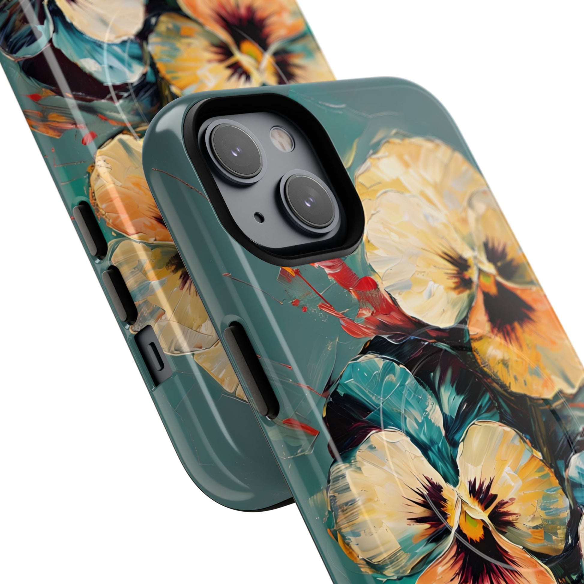Golden Pansy Cascade - Elegant Floral iPhone 14 Plus MagSafe Case with Deep Teal Background