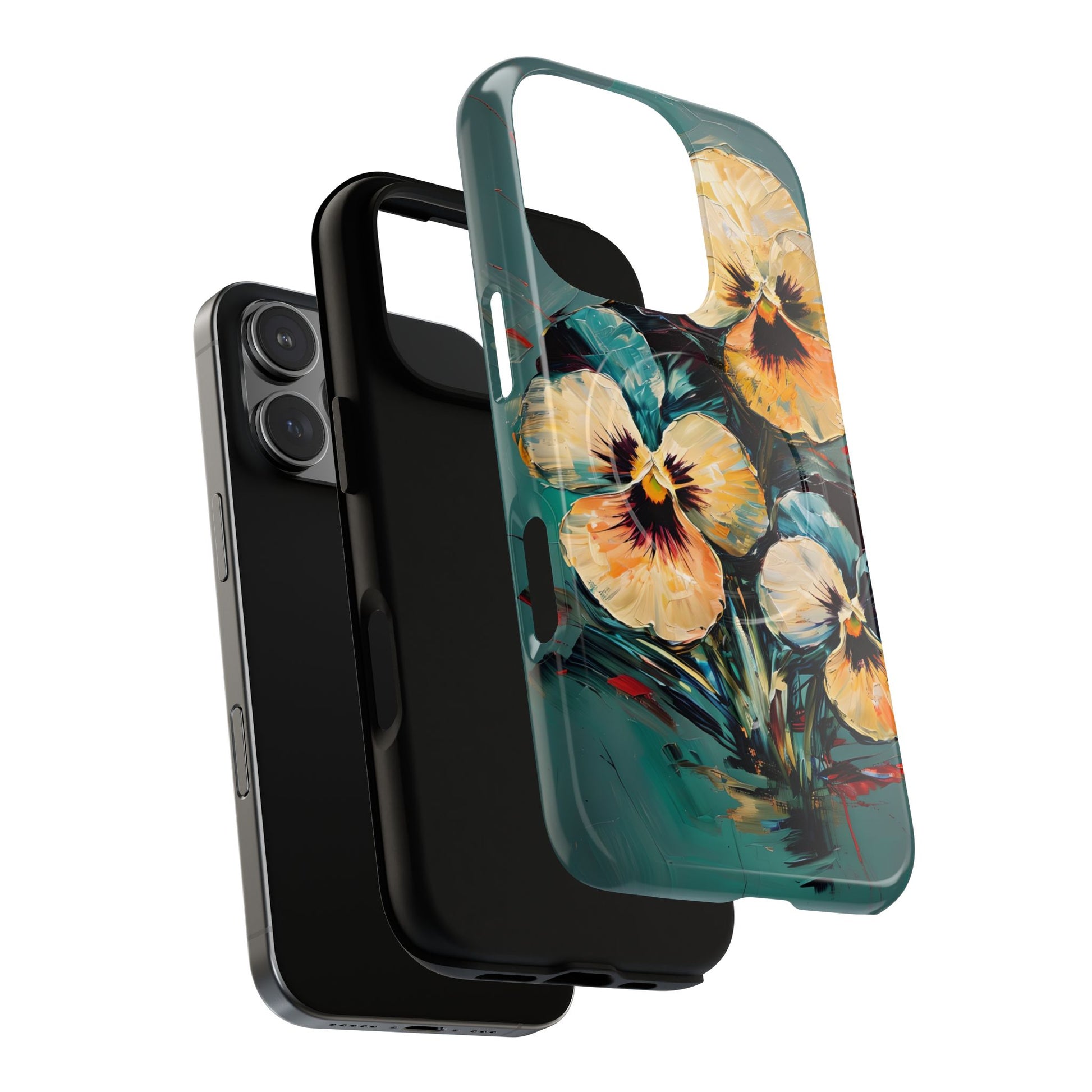 Golden Pansy Cascade - Elegant Floral iPhone 16 Pro MagSafe Case with Deep Teal Background