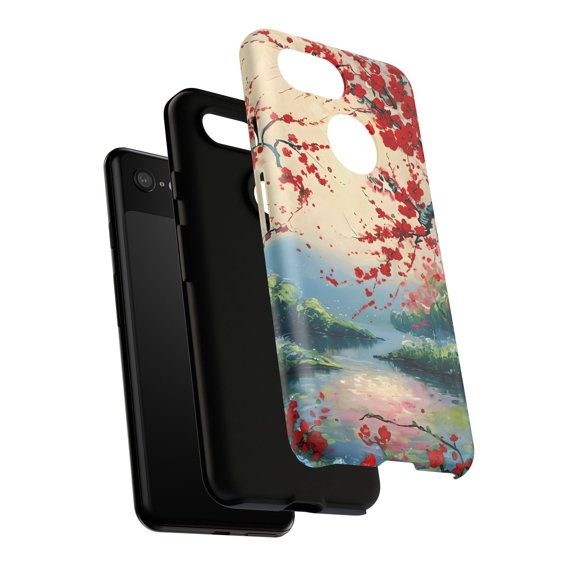 Crimson Blossom Lake - Artistic Floral Landscape Google Pixel 3 Tough Phone Case - Red Cherry Blossoms & Serene Lake Design