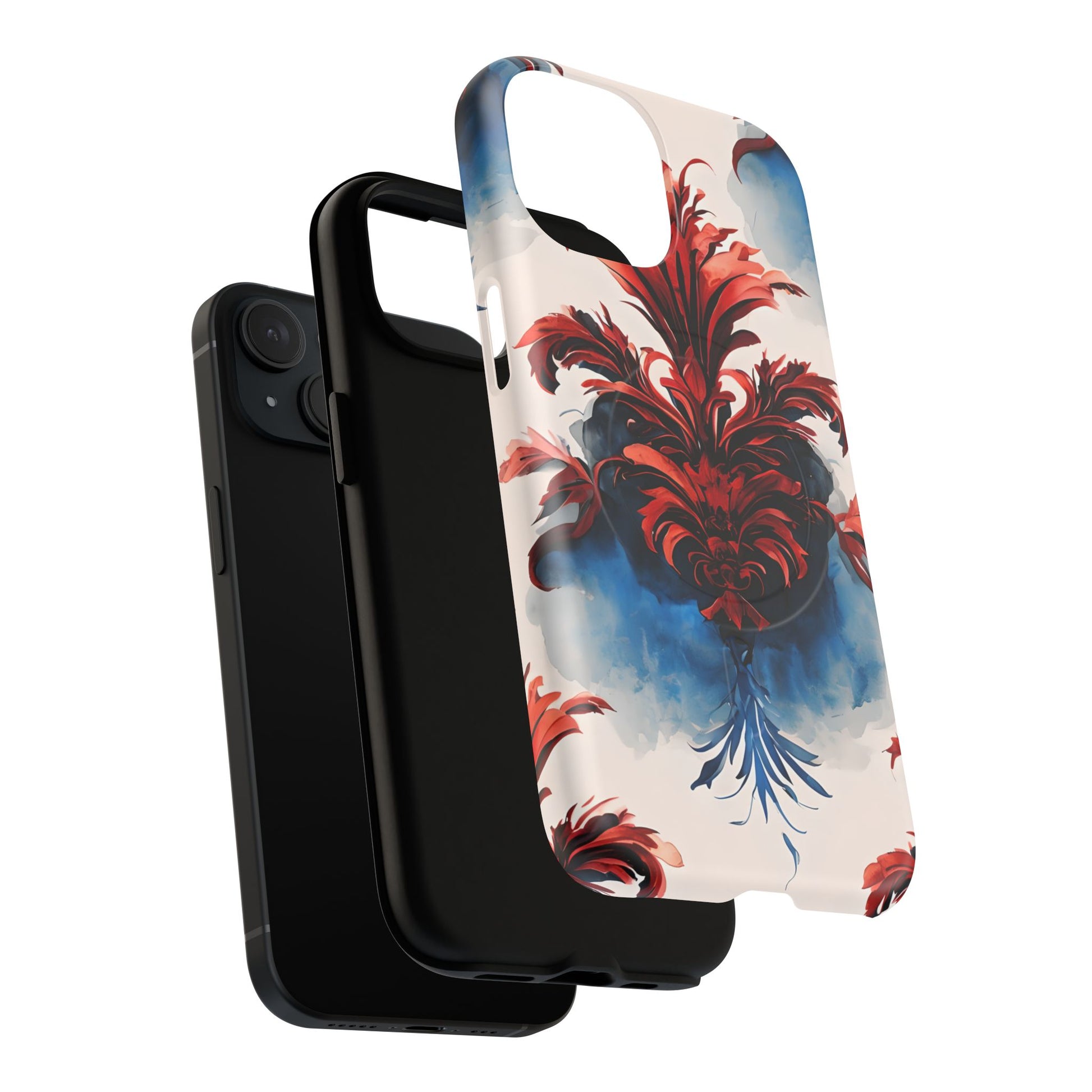 Crimson Plume - Bold Artistic Feather iPhone 15 MagSafe Phone Case - Dramatic Red & Blue Design