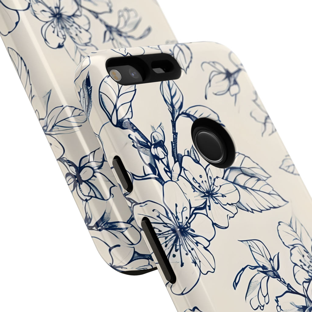 Blossom Sketch - Artistic Blue Floral Google Pixel XL - Tough Phone Case - Hand-Drawn Botanical Design