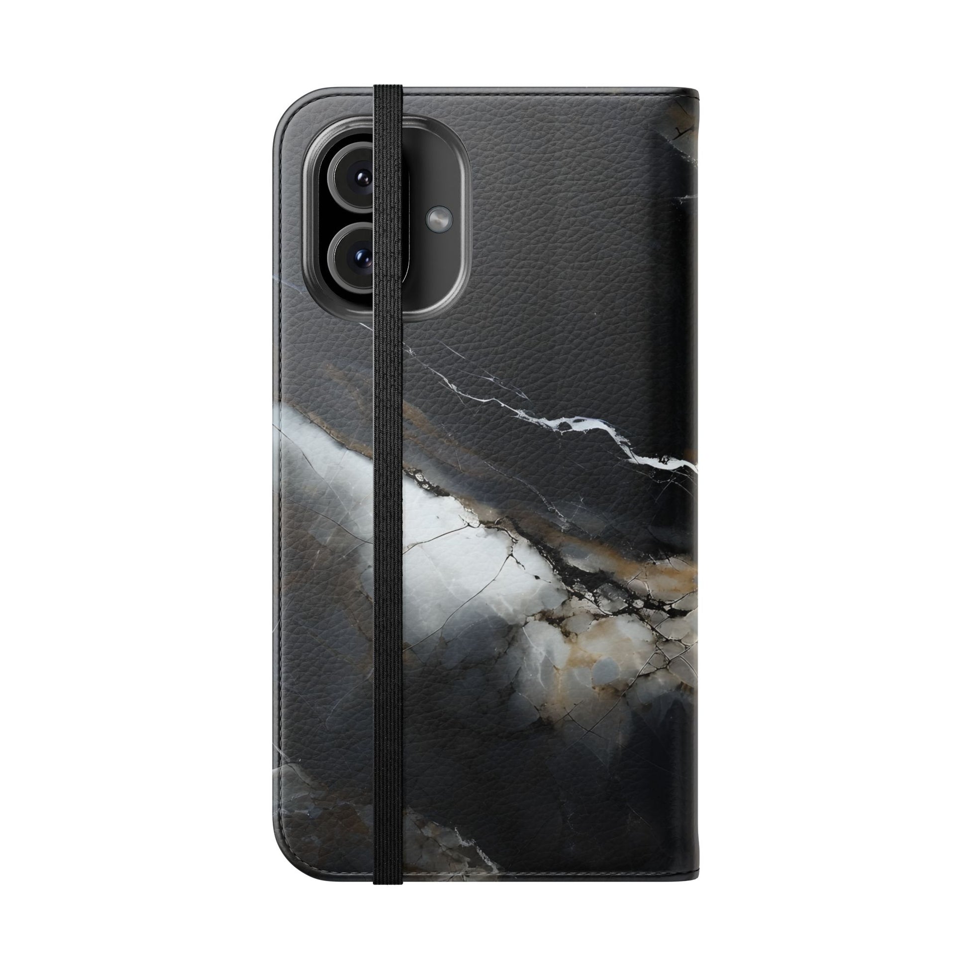 Obsidian Vein Wallet Phone Case - Black & White Marble - Flip Cover for iPhone 16 Plus