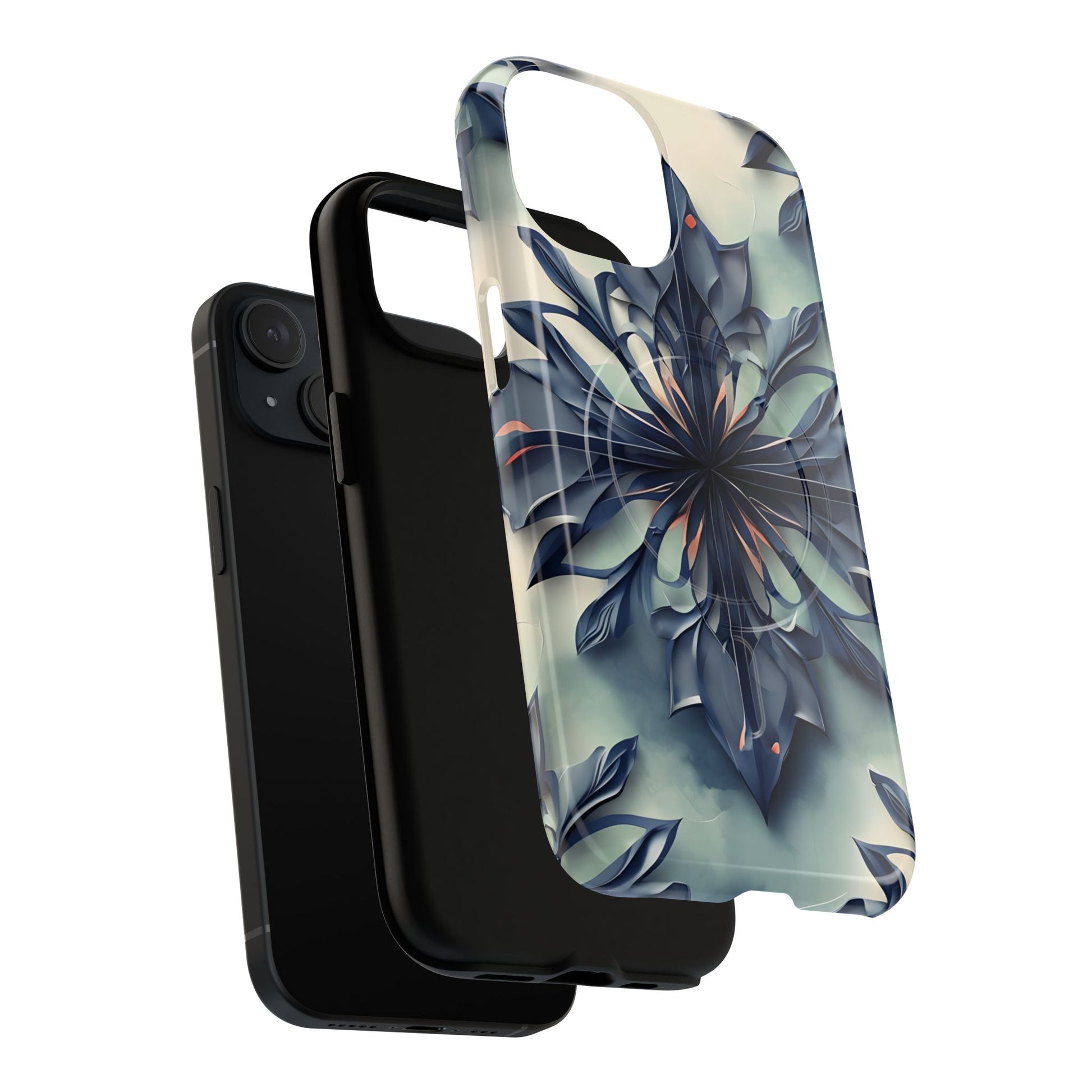 Frosted Indigo Bloom - Artistic Kaleidoscope Collection Artistic Floral - iPhone 15 MagSafe Phone Case -Blue Symmetrical Design