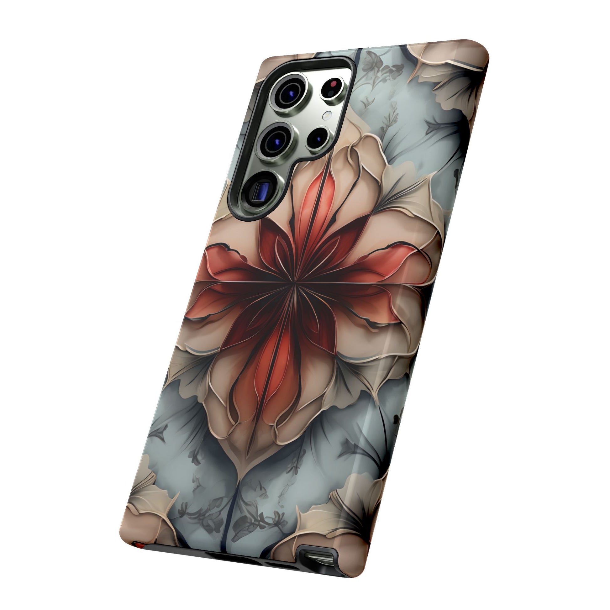 Ember Bloom - Kaleidoscope Collection Artistic Floral - Samsung Galaxy S23 Ultra Tough Phone Case - Fiery Symmetrical Design
