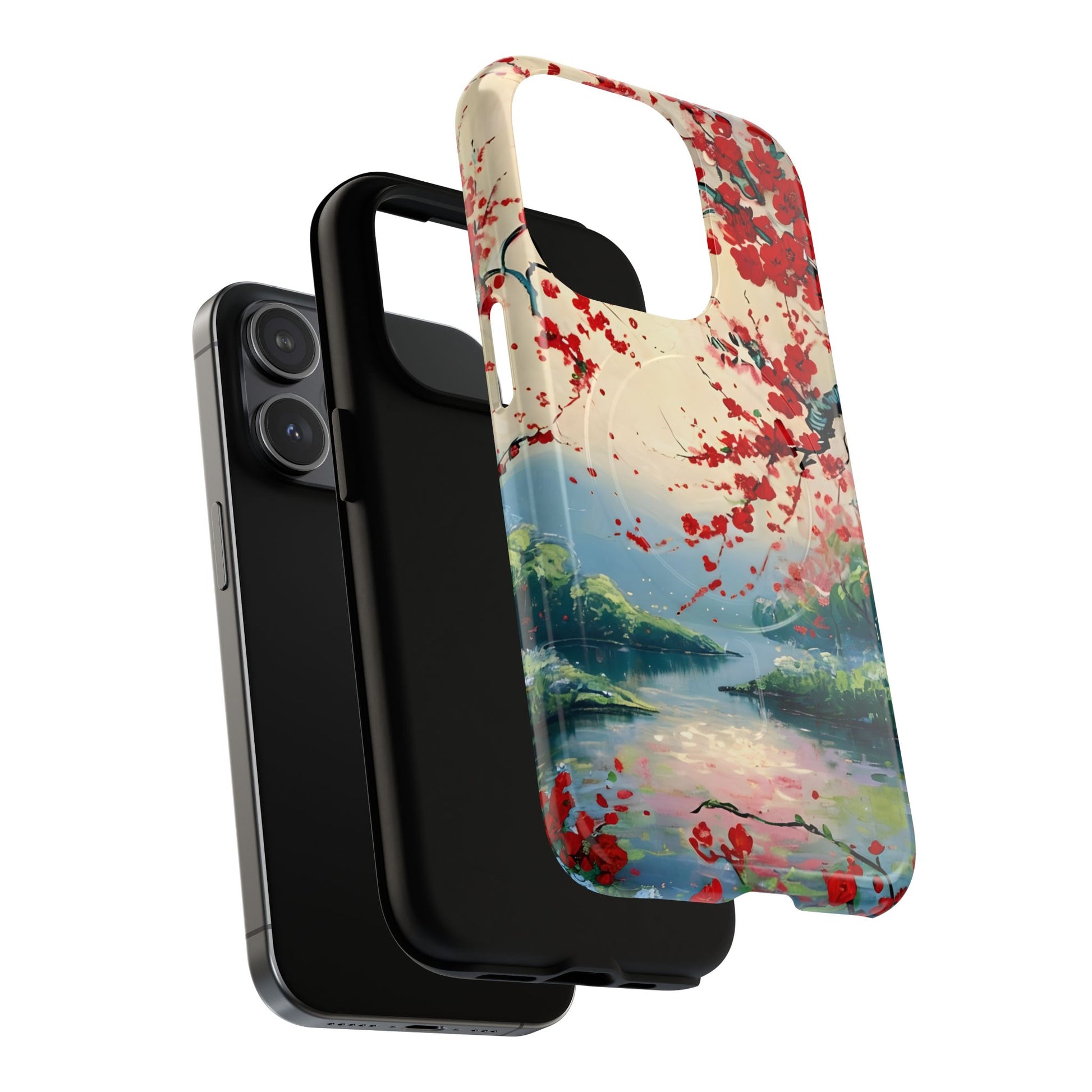 Crimson Blossom Lake - Artistic Floral Landscape iPhone 15 Pro MagSafe Phone Case - Red Cherry Blossoms & Serene Lake Design