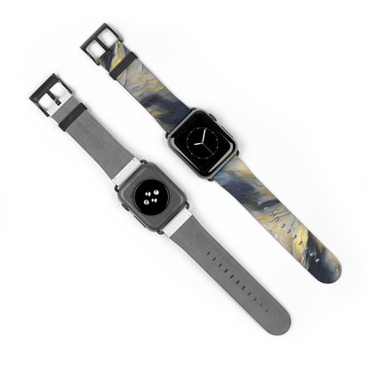 Luminous Petal Apple Watch bands shown on two watches front and back highlighting abstract floral artwork with gold accents