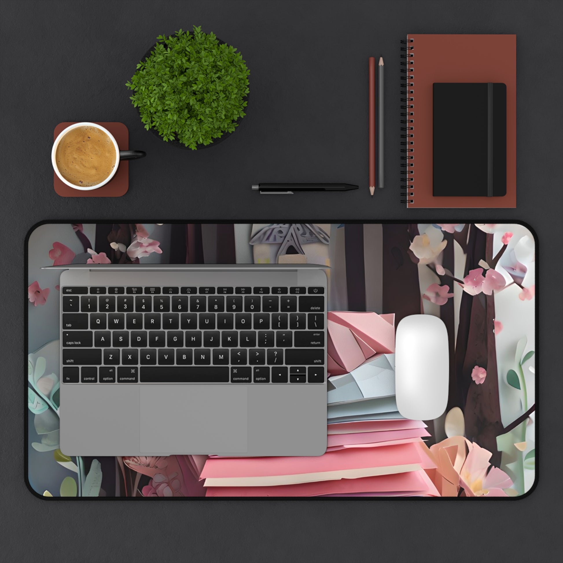 A Good Night's Sleep desk mat in workspace with keyboard showing soft patterned artwork