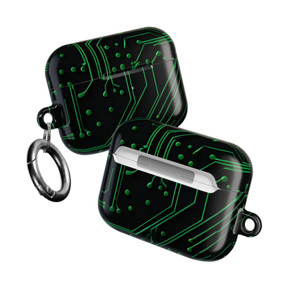 Two Green Circuit Grid AirPods cases angled view showing circuit board artwork on both sides