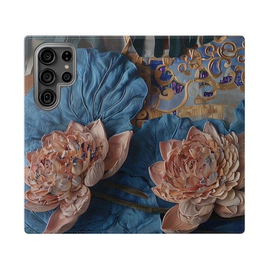 Peony Midnight Tapestry Samsung Galaxy wallet flip phone case with blush peony flowers and baroque gold accents on deep midnight blue background