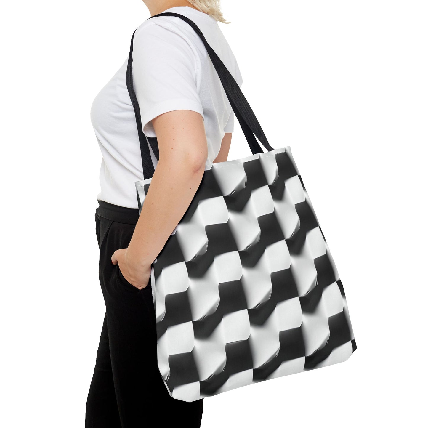 Monochrome Grid Canvas Tote Bag (16x16 & 18x18) - Cozy Reading Nook Design Eco-Friendly Shopping Bag