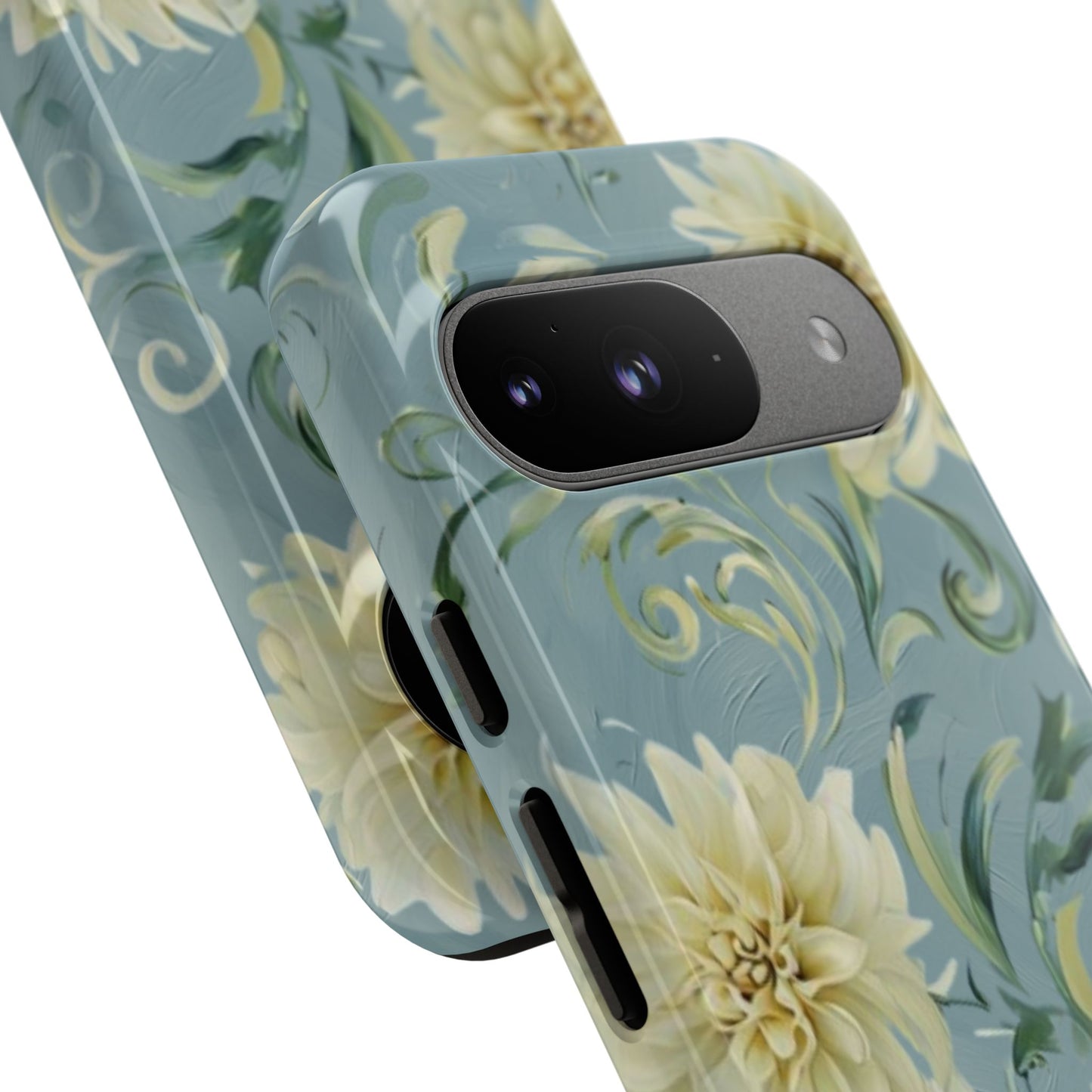 Golden Dahlia Trio - Elegant Floral Google Pixel Tough Phone Case - Artistic White & Blue Dahlia Design