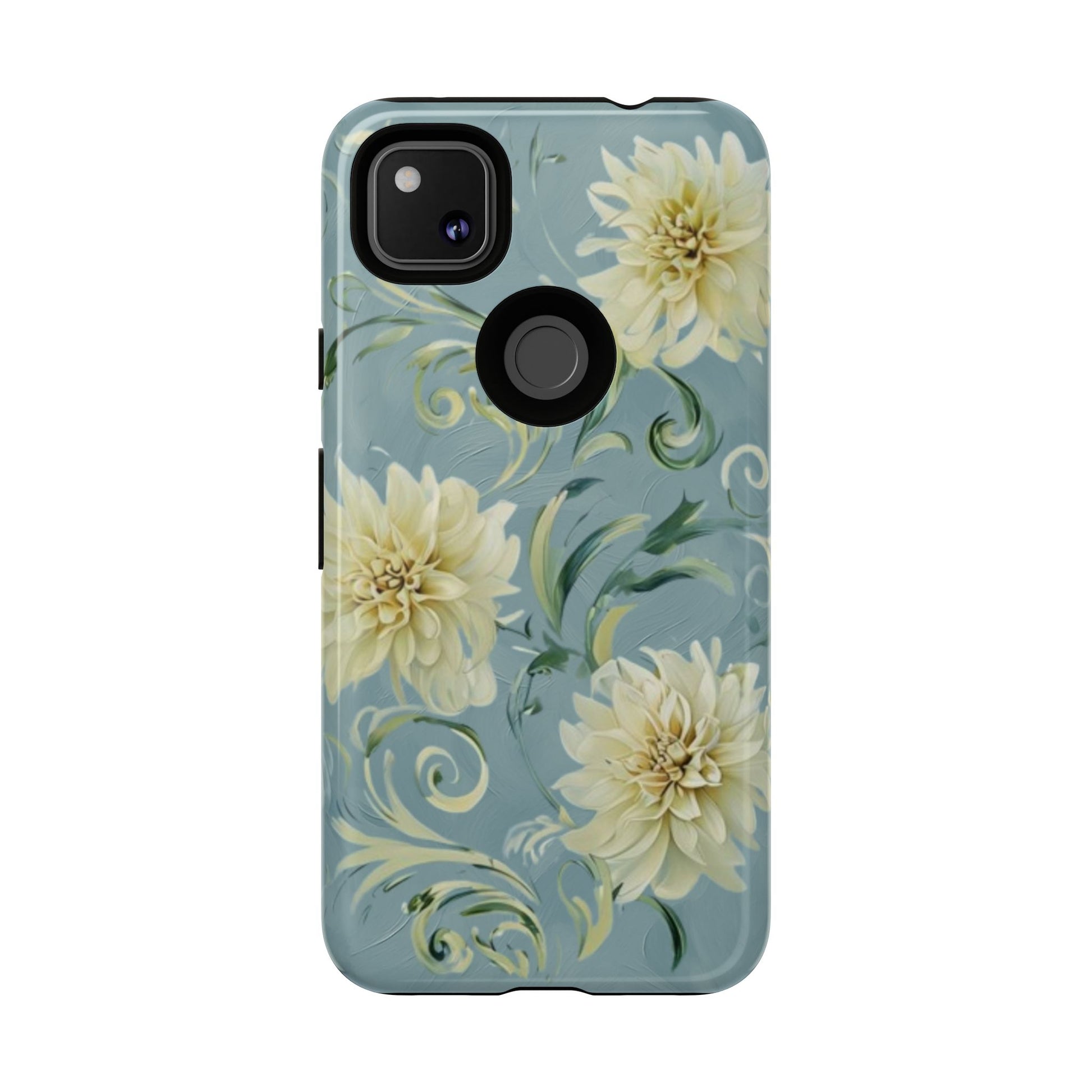 Golden Dahlia Trio - Elegant Floral Google Pixel 4a Tough Phone Case - Artistic White & Blue Dahlia Design