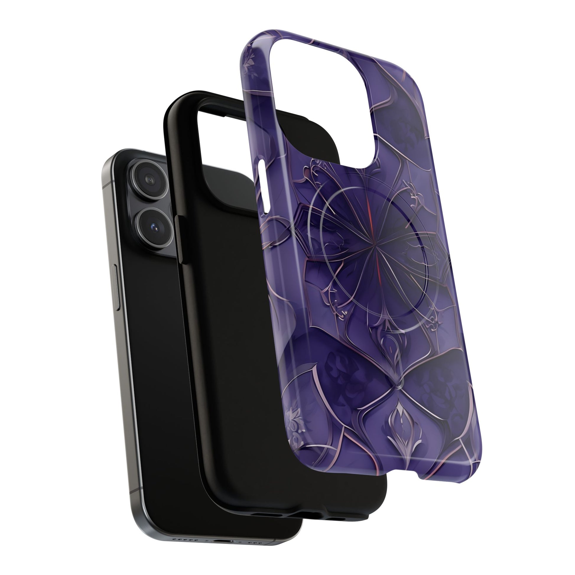 Violet Nebula - Kaleidoscope Collection Artistic Floral Burst - iPhone 15 Pro MagSafe Phone Case -Bold Purple Symmetrical Design