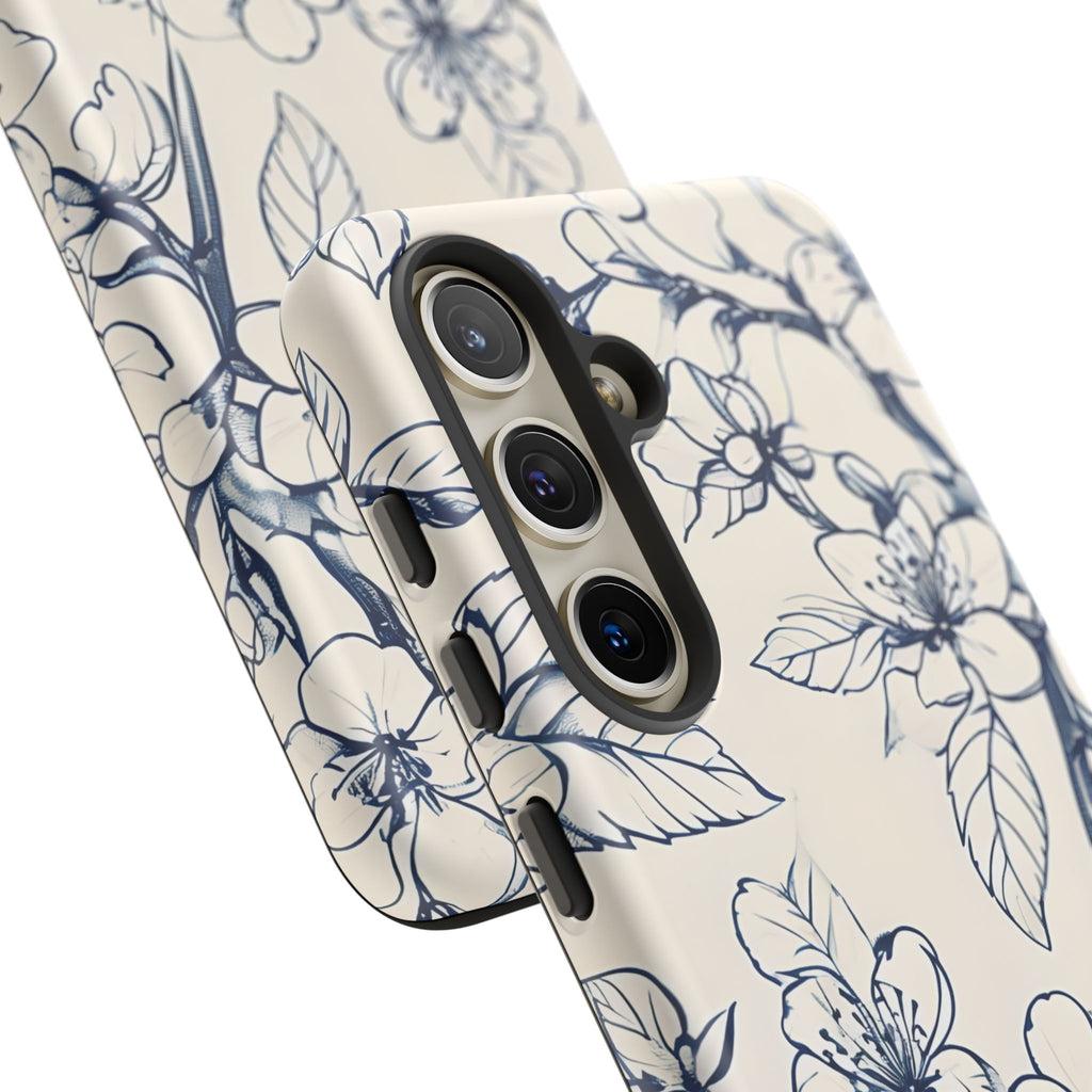 Blossom Sketch - Artistic Blue Floral Samsung Galaxy S24 Tough Phone Case - Hand-Drawn Botanical Design