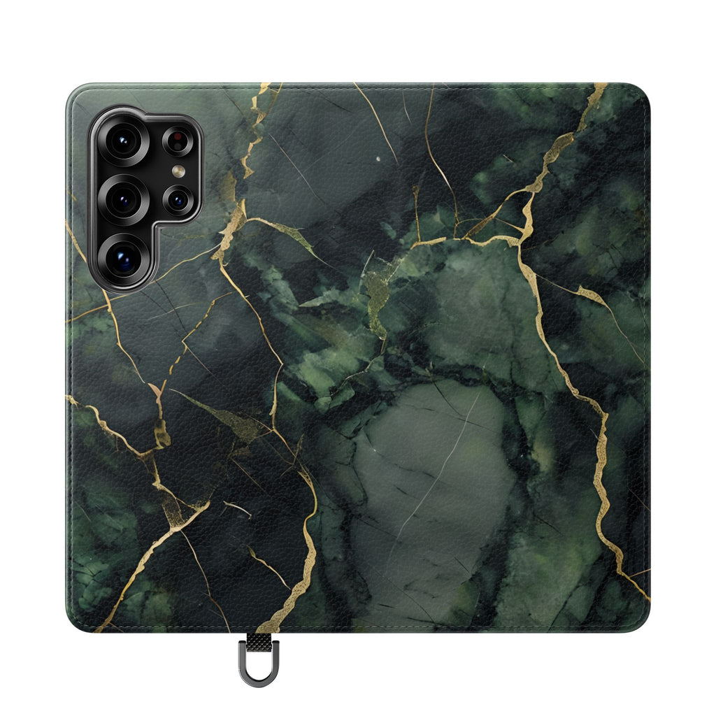 Verdant Vein - Flip Phone Case for Samsung Galaxy S25 Ultra - Green and Gold Marble Design