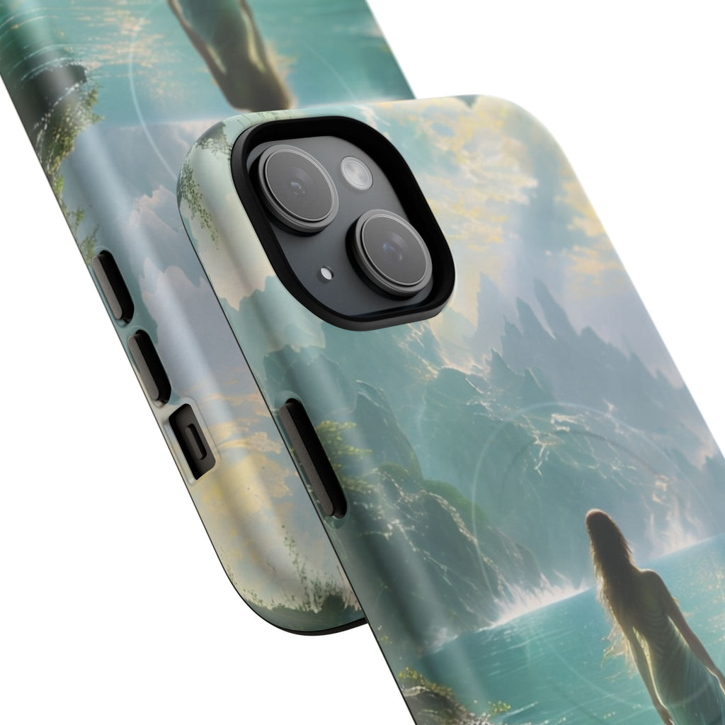 Celestial Tides - Dreamscape Art iPhone 15 Plus MagSafe Phone Case -Ethereal Woman & Fantasy Landscape Design