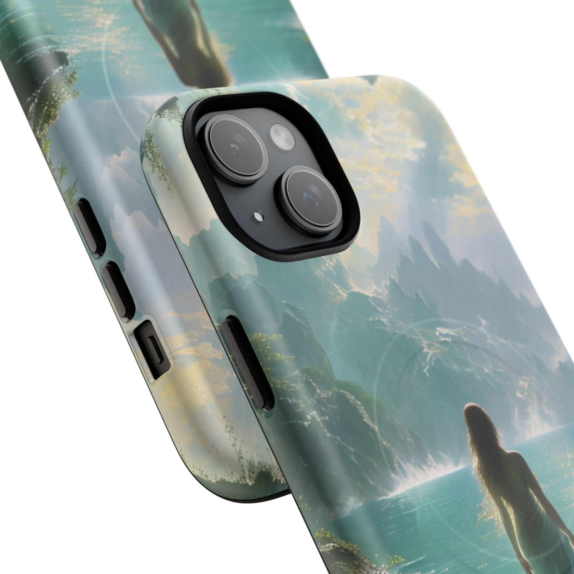 Celestial Tides - Dreamscape Art iPhone 15 Plus MagSafe Phone Case -Ethereal Woman & Fantasy Landscape Design