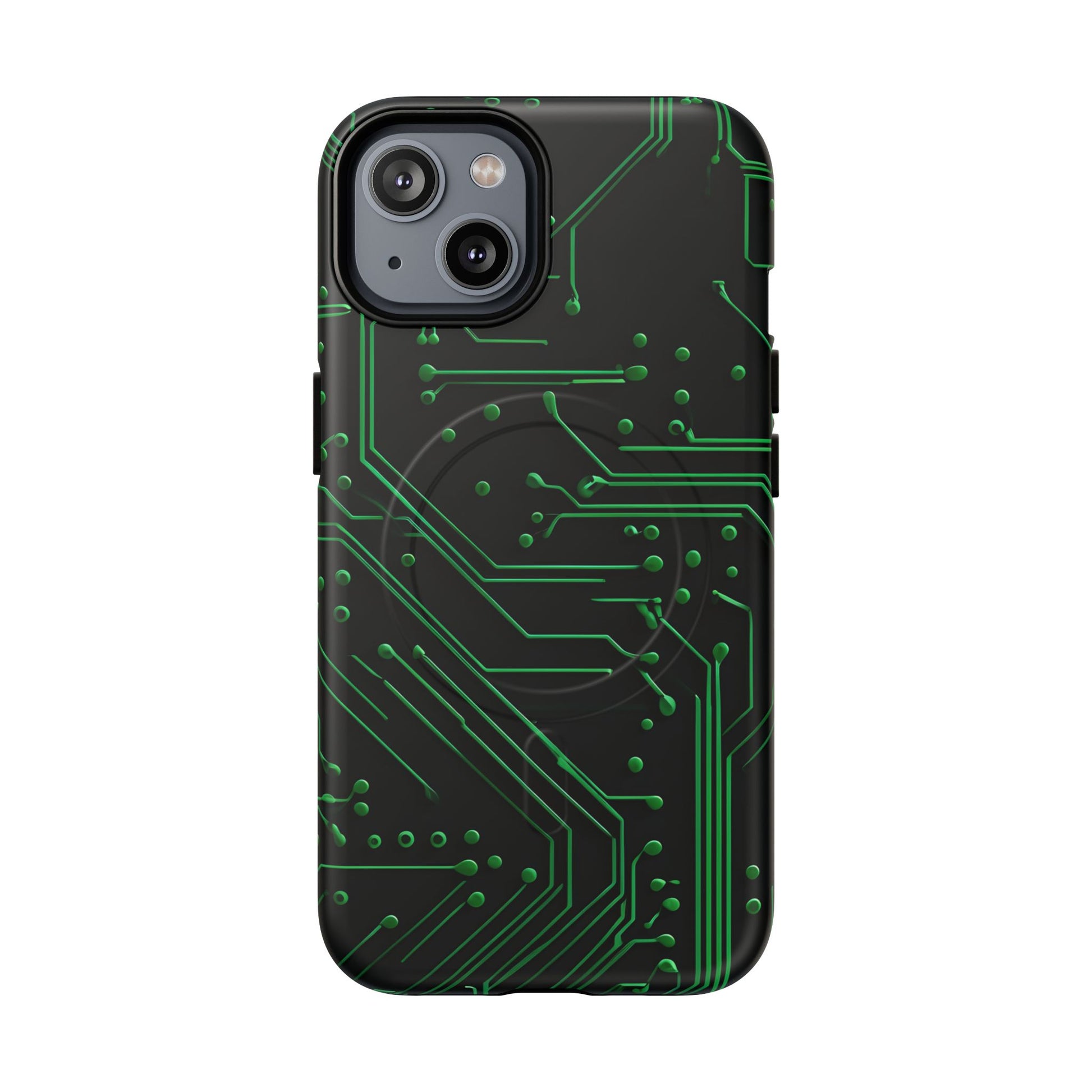 Green Circuit Grid iPhone 14 MagSafe Compatible case- Tech-Inspired Shockproof Cover