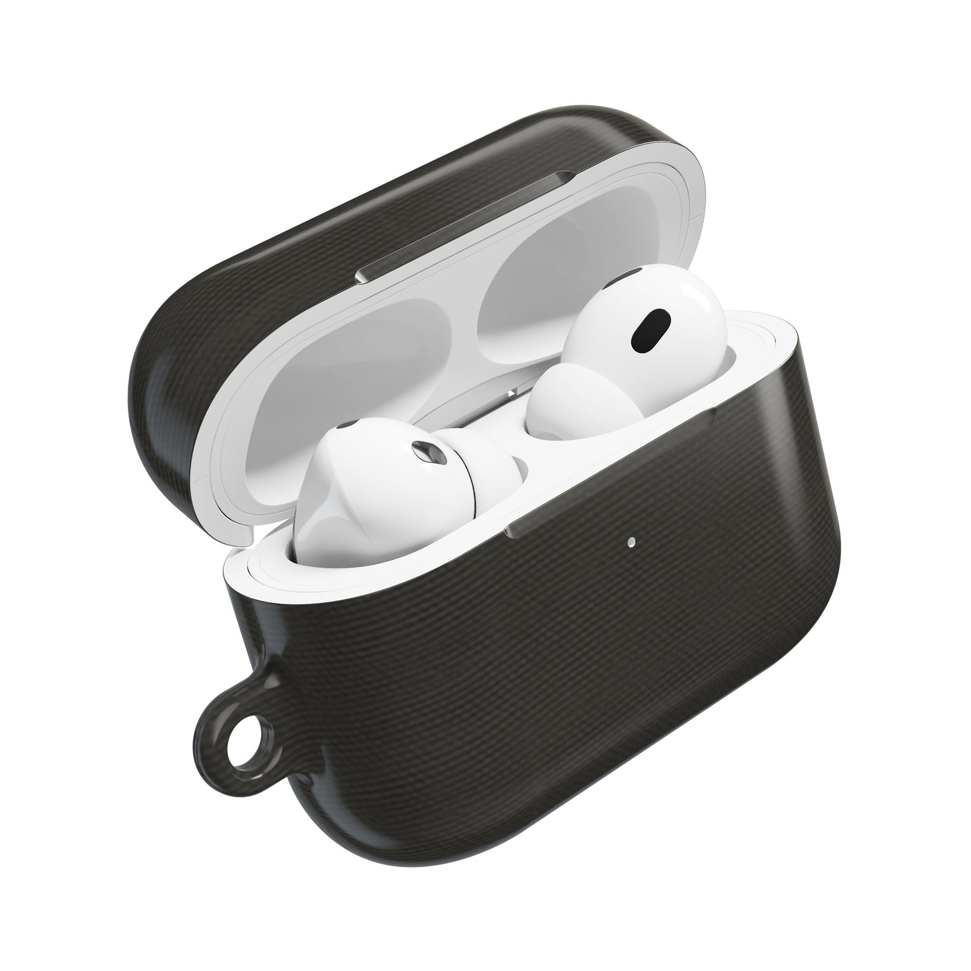 Charcoal Linen AirPods case open showing protective cover with charcoal linen texture