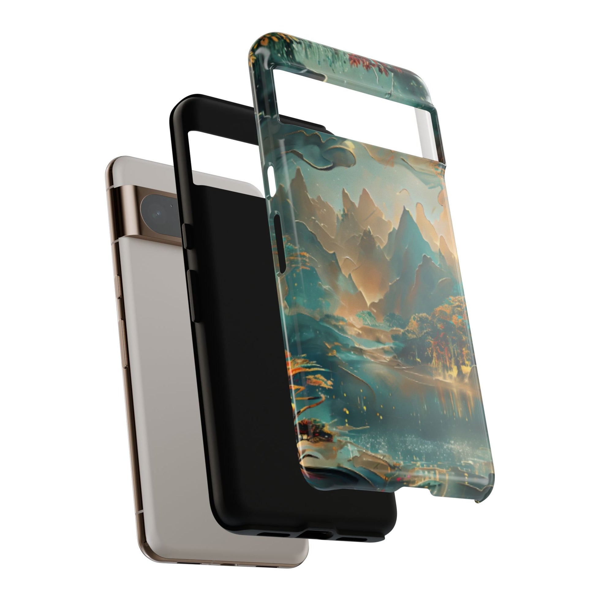 Misty Horizon shockproof dual layer Google Pixel phone case with misty mountain lake design