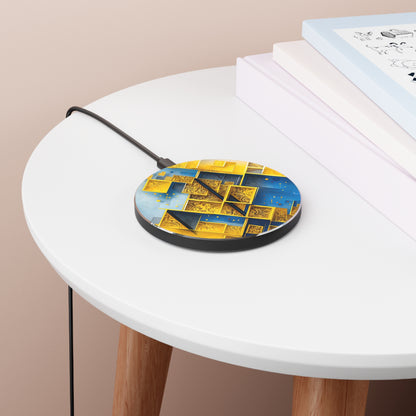 Golden Ascent gold and blue geometric art Qi wireless charger on bedside table with books