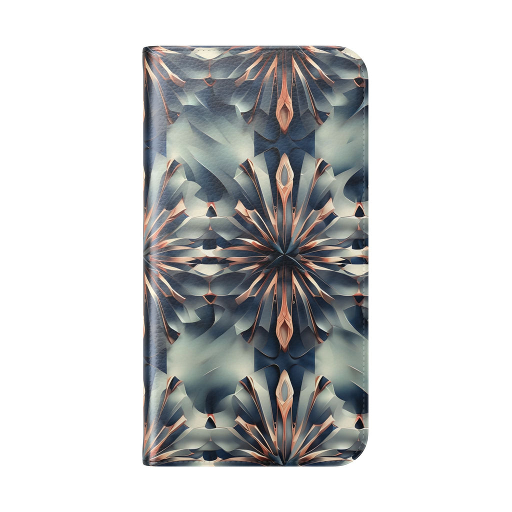 Obsidian Kaleidoscope iPhone 15 Pro Max Wallet Case - Elegant Abstract Flip Cover with Card Slots