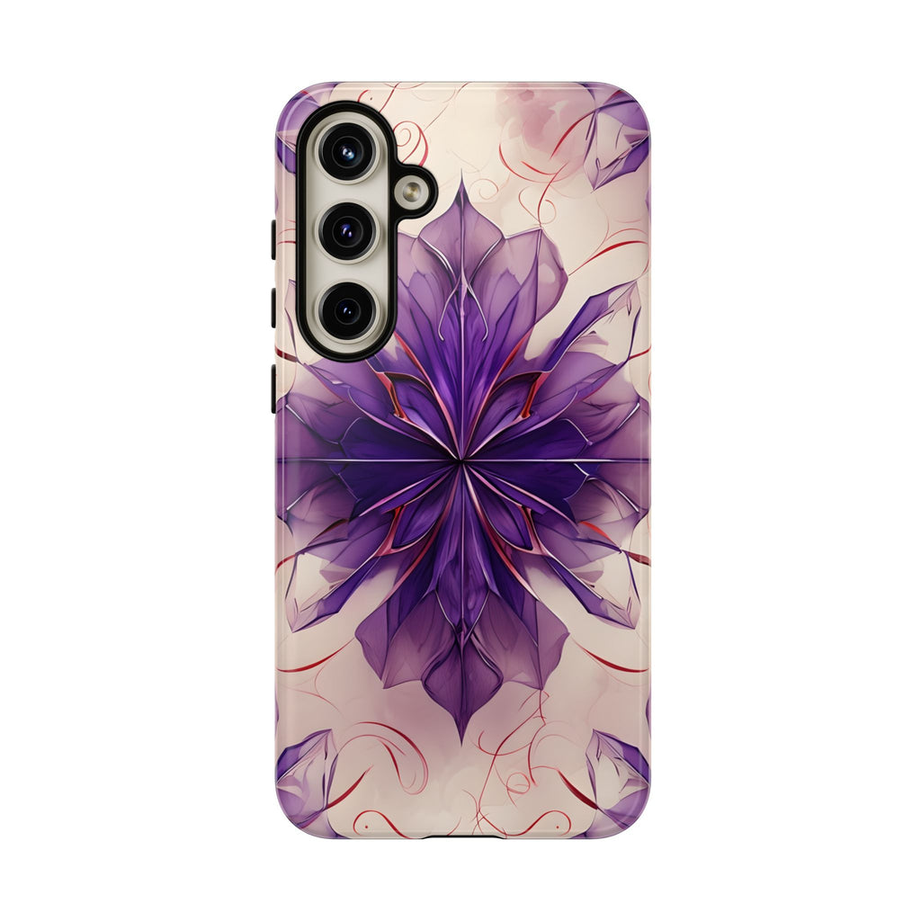 Violet Reverie - Kaleidoscope Collection Artistic Floral Burst - Samsung Galaxy S24 Plus Tough Phone Case - Bold Purple Symmetrical Design