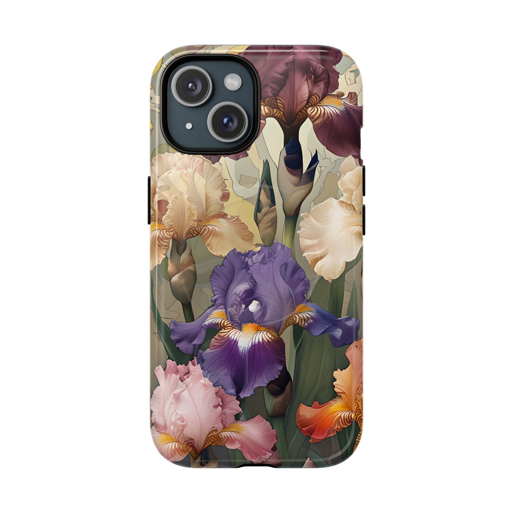 Iris Reverie - Elegant Painterly - iPhone 15 - MagSafe Compatible - Artistic Purple & Cream Iris Design